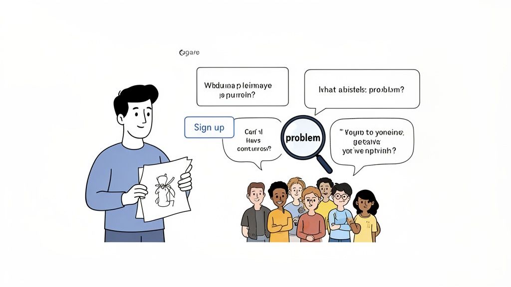 An illustration of a man presenting ideas to a diverse team, focusing on a 'problem'.