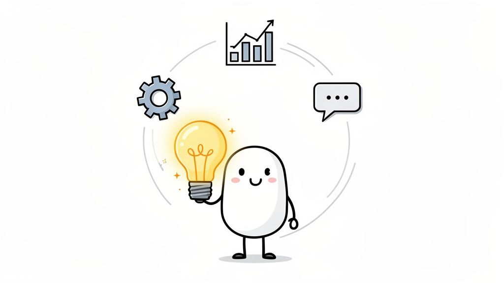Cute cartoon character holding a bright lightbulb, surrounded by icons for ideas, process, and growth.