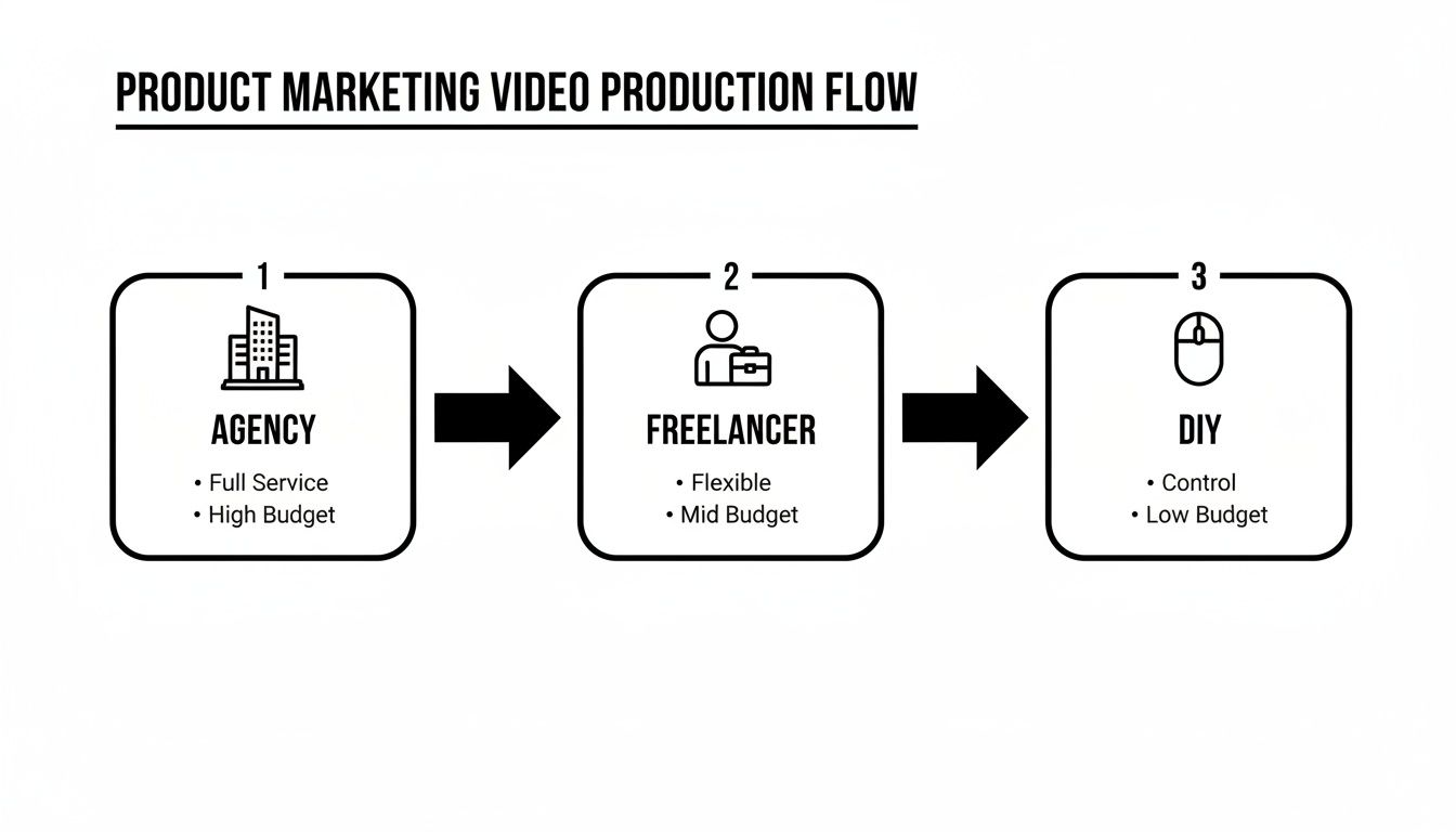 Diagram showing product marketing video production flow with options: agency, freelancer, and DIY, detailing budget and services.