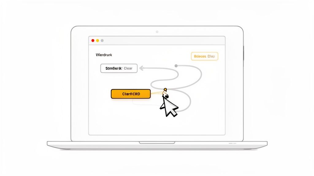 An illustrative laptop screen displays a UI with 'ClaroCRD' and 'SomBerk: Clear' buttons, connected by a workflow path and a mouse cursor.