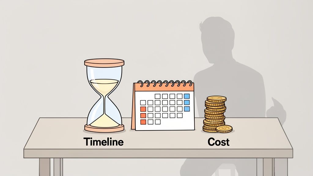 An hourglass, calendar, and stack of coins on a table, representing project timeline and cost.