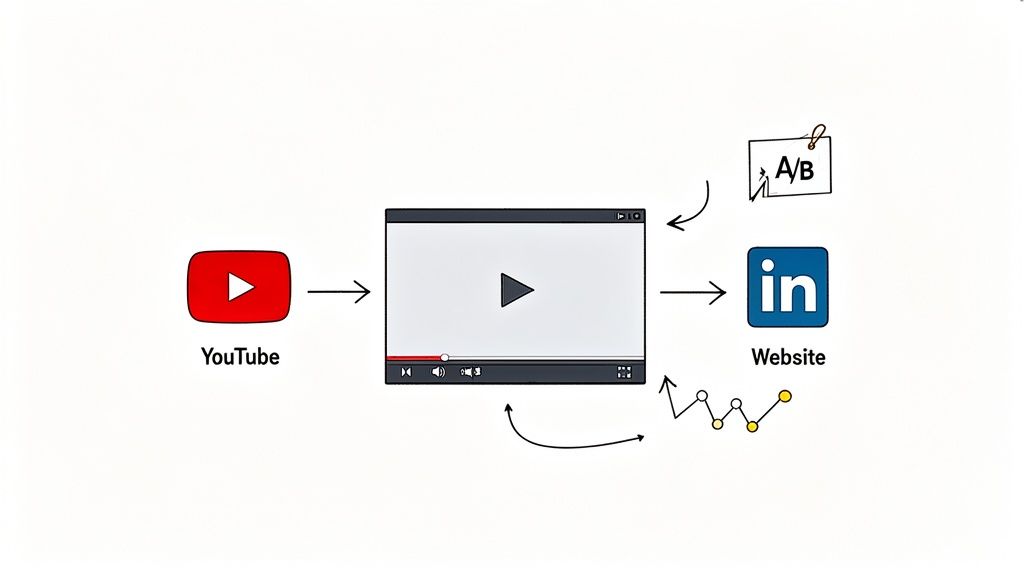 Video marketing diagram: YouTube video leads to website, optimized with A/B testing and analytics.