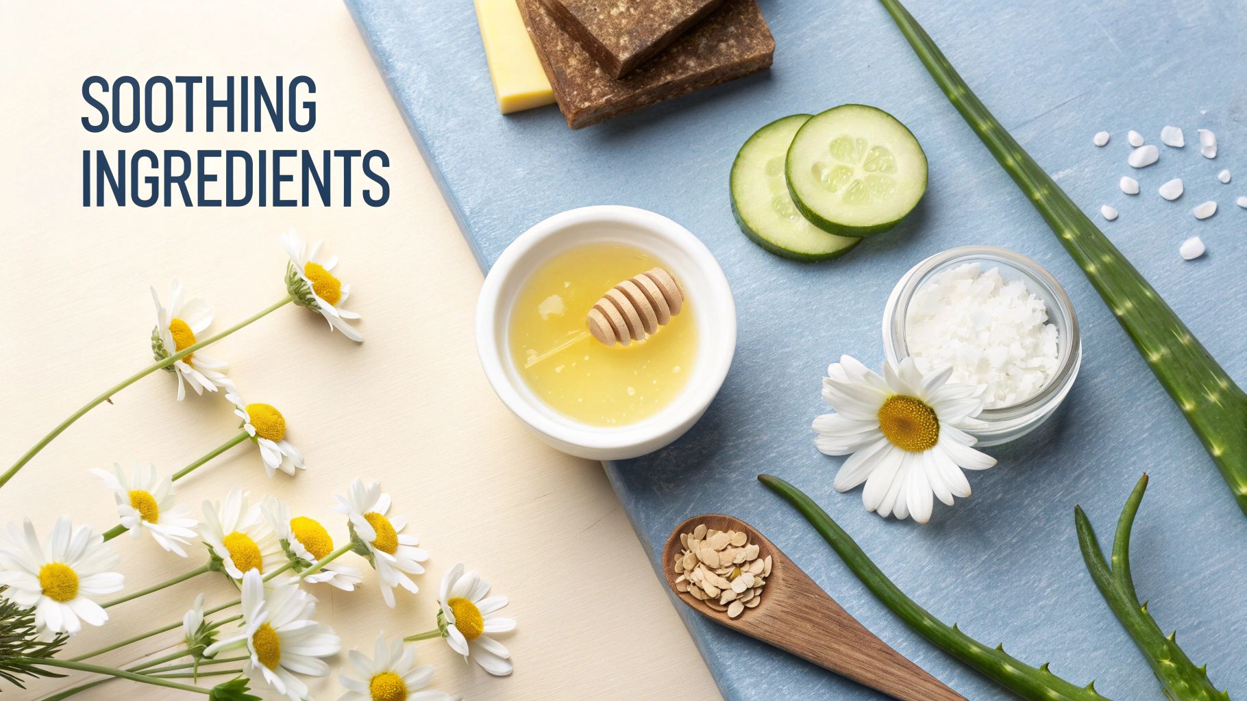 A flat lay of natural soothing ingredients for skin care, including chamomile, honey, aloe vera, and cucumber.