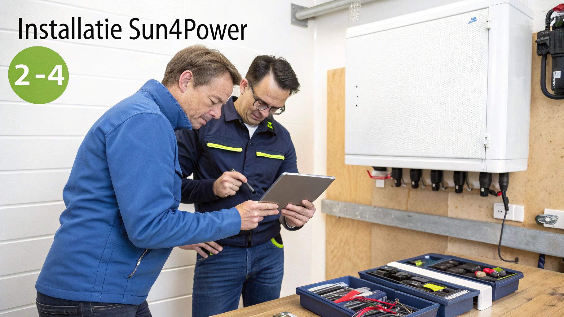 Twee mannen bekijken een tablet tijdens de installatie van een Sun4Power energiesysteem.