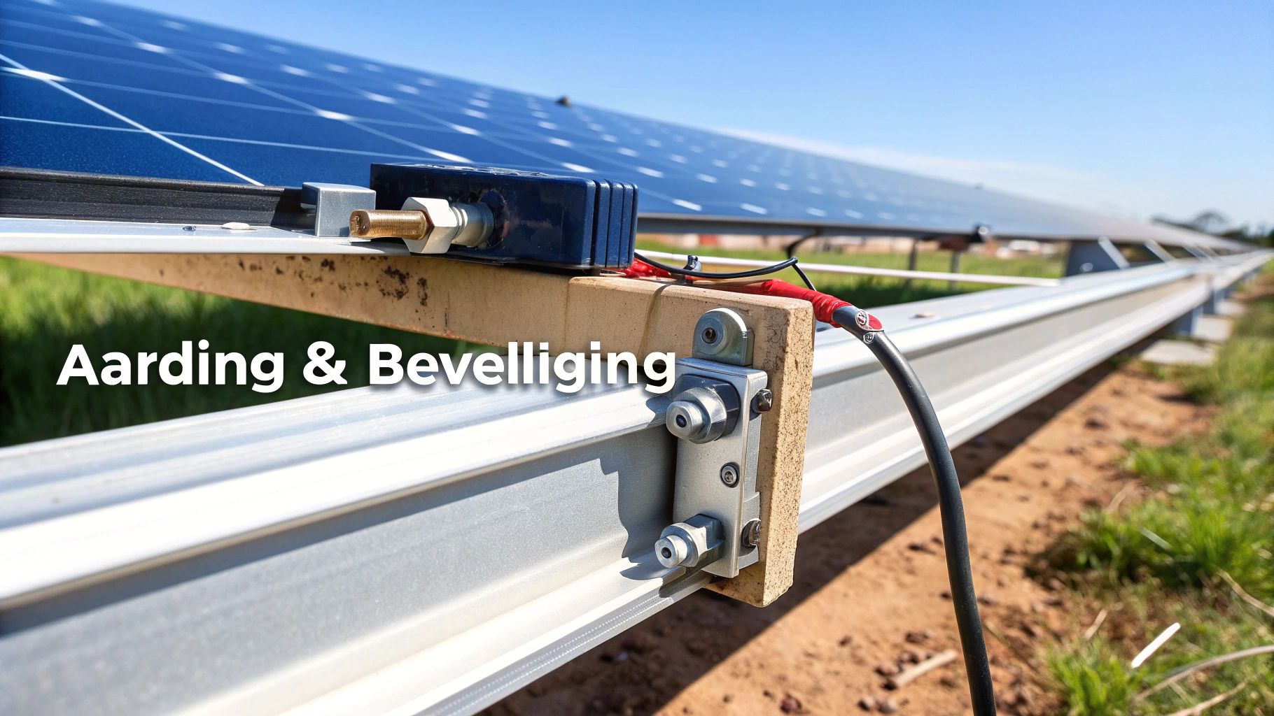 Detail van aarding en bekabeling bij een rij zonnepanelen onder een blauwe lucht.