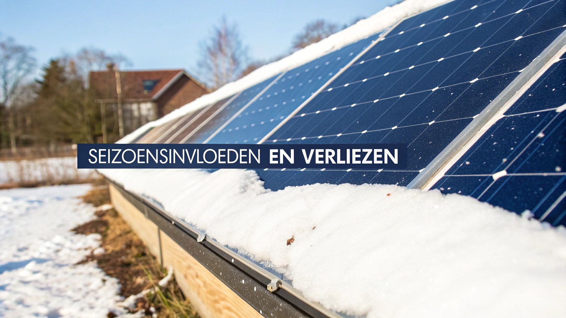 Zonnepanelen gedeeltelijk bedekt met sneeuw op een zonnige winterdag, met de tekst "Seizoensinvloeden en Verliezen".