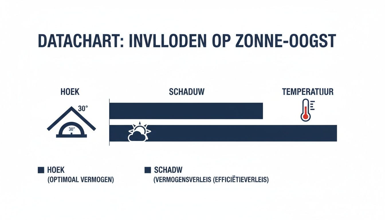 Datachart toont invloeden op zonne-oogst: hoek, schaduw en temperatuur beïnvloeden de opbrengst van zonnepanelen.