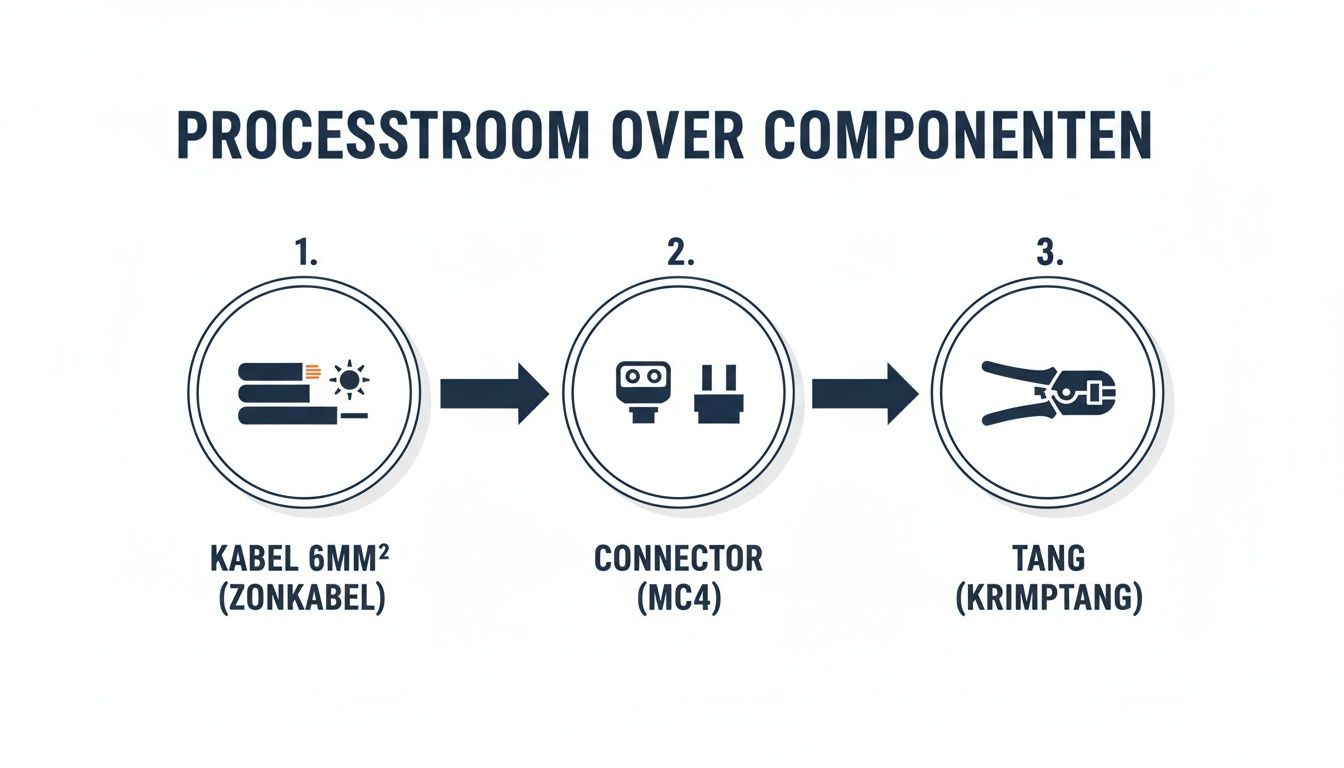 Stappenplan voor het aansluiten van zonnepaneelkabels: zonnepanelenkabel, MC4 connector en krimptang.