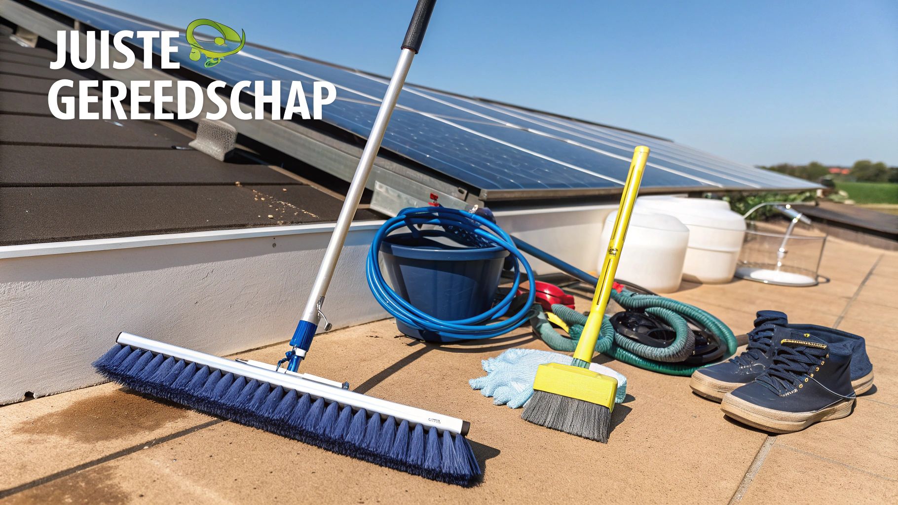 Schoonmaakgereedschap zoals borstels, emmer en slangen liggen op een dakterras naast zonnepanelen onder een blauwe lucht.