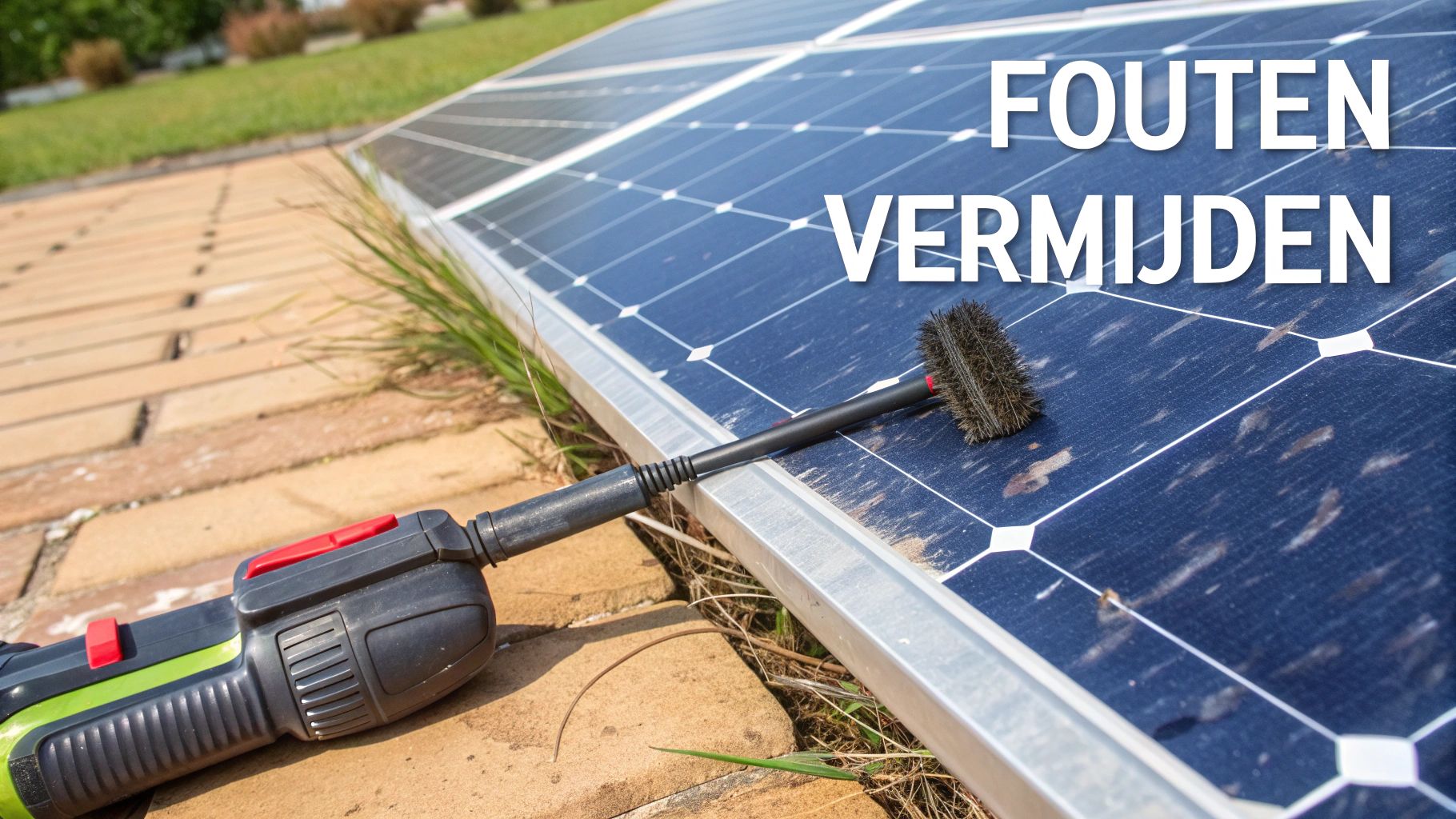 Een persoon reinigt vuile zonnepanelen met een borstel en schoonmaakgereedschap, met de tekst 'FOUTEN VERMIJDEN'.
