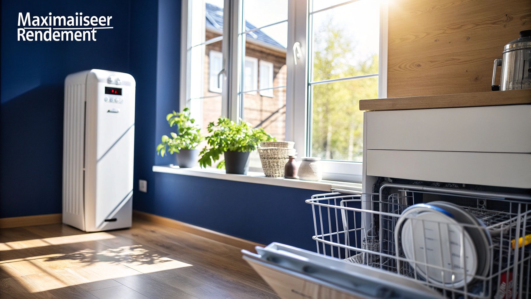 Moderne keuken en woonruimte met een witte luchtreiniger en open vaatwasser in een zonnig interieur.