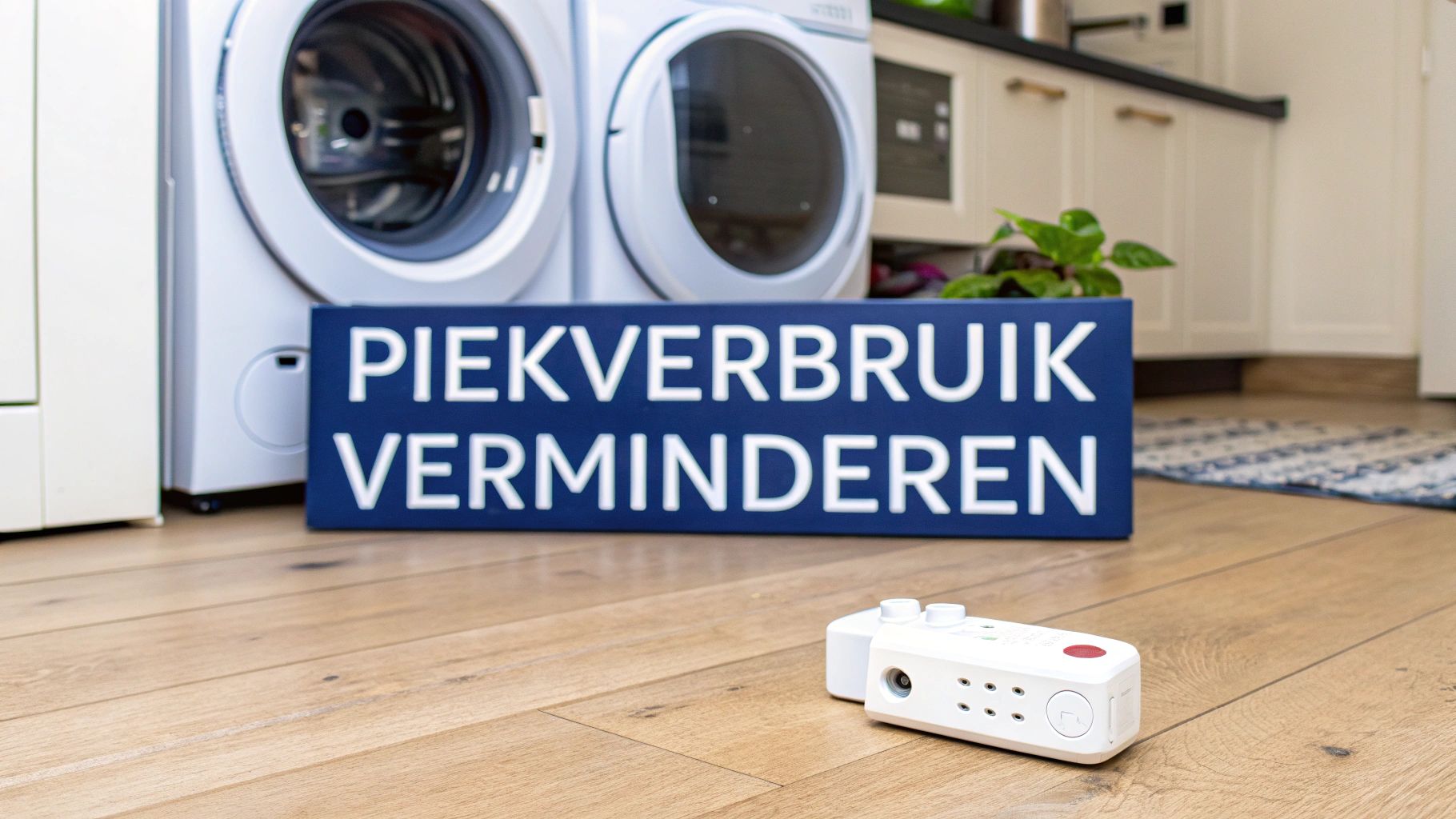 Slimme meter met tekst 'PIEKVERBRUIK VERMINDEREN' en wasmachines in een moderne keuken.