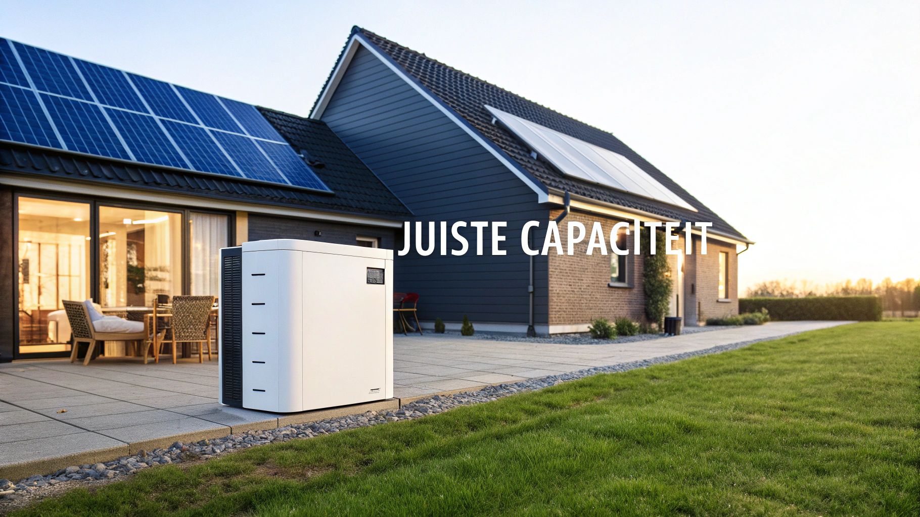 Modern huis met zonnepanelen op het dak en een witte buitenunit op het terras, omringd door een groene tuin.