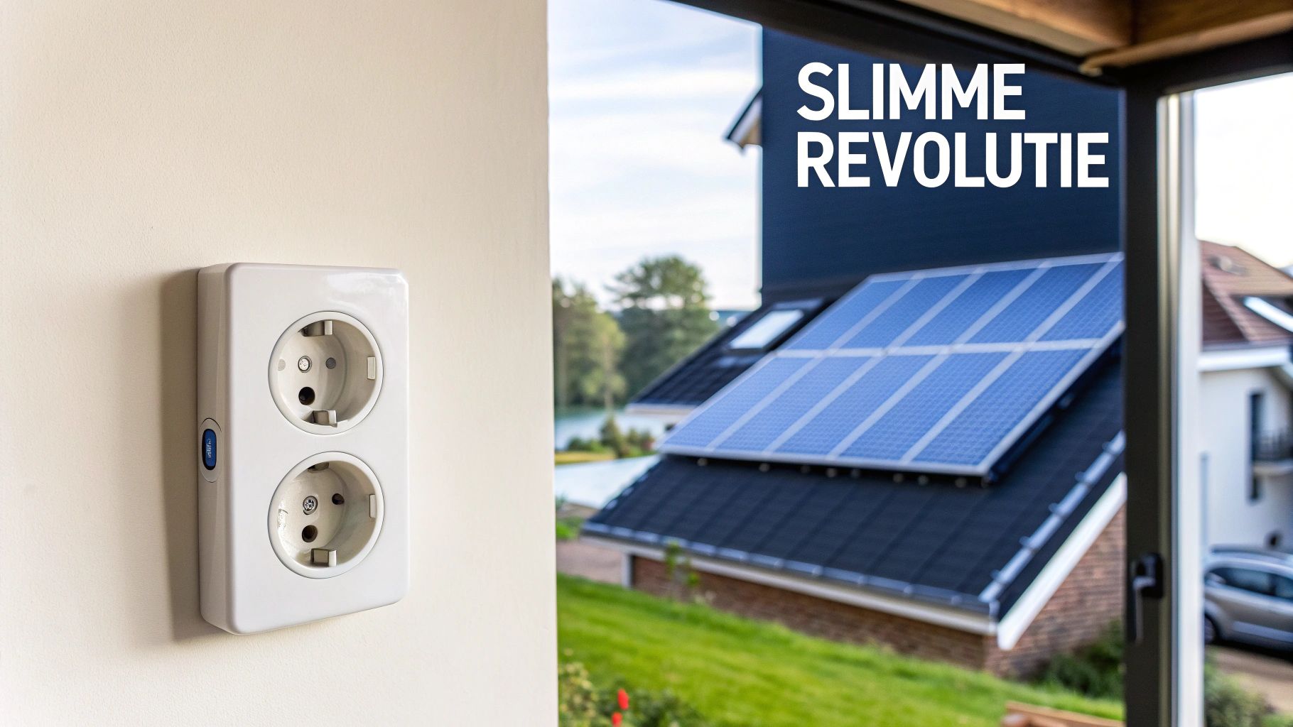 Witte dubbele stopcontact met blauwe knop, met uitzicht op een huis met zonnepanelen en de tekst 'Slimme Revolutie'.