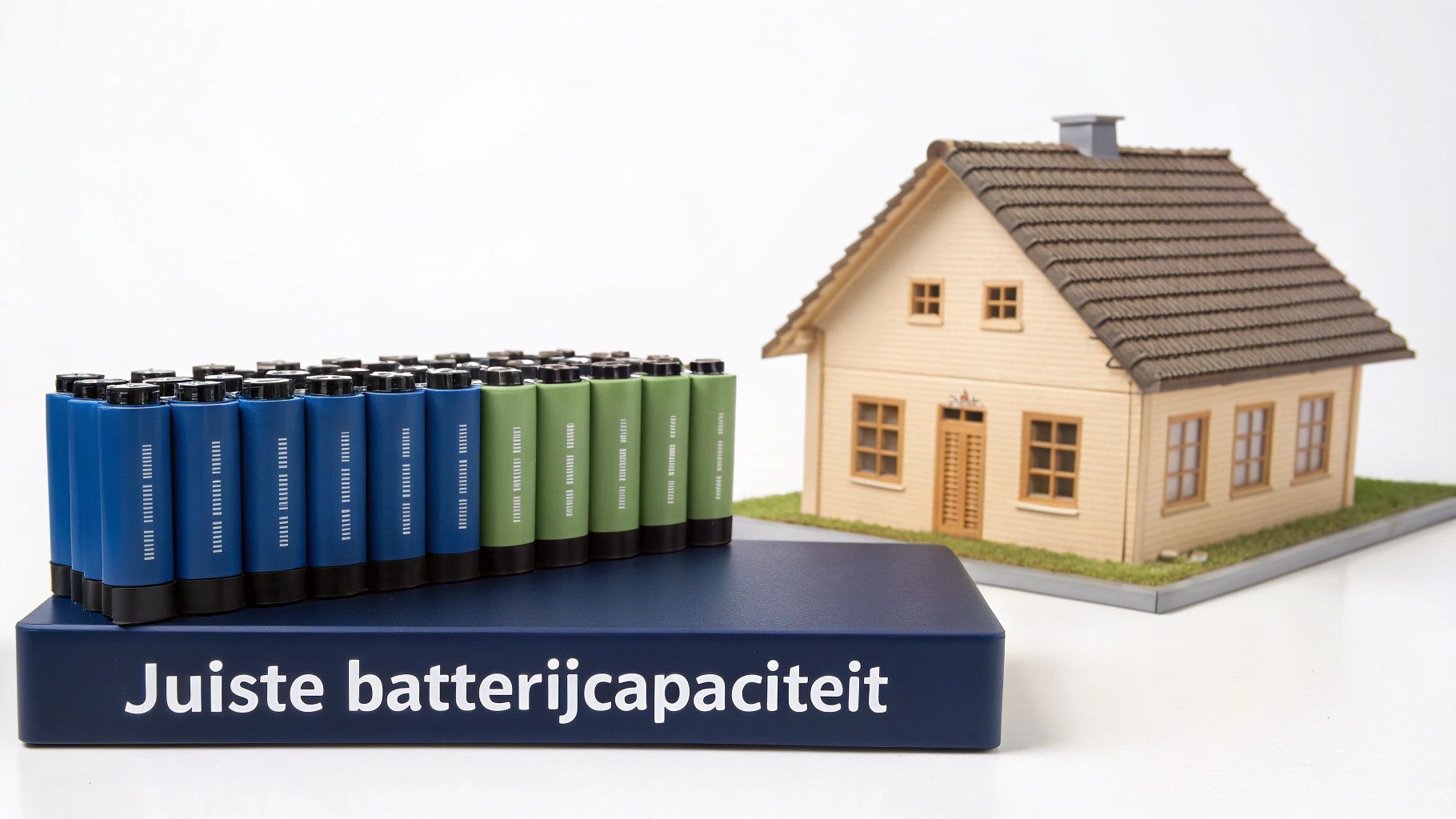Een miniatuurhuis met een rij batterijen en de tekst 'Juiste batterijcapaciteit' op een blauwe basis.