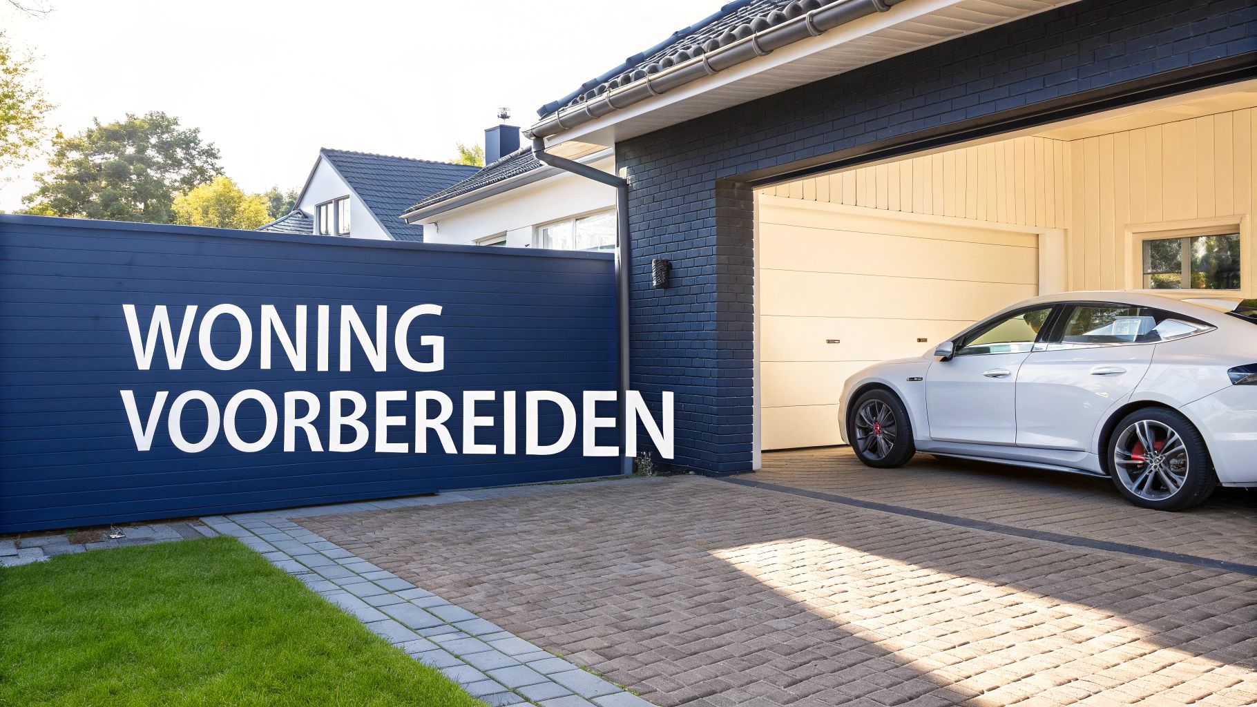 Moderne woning met donkerblauwe schutting waarop 'WONING VOORBEREIDEN' staat, en een witte auto in de garage.