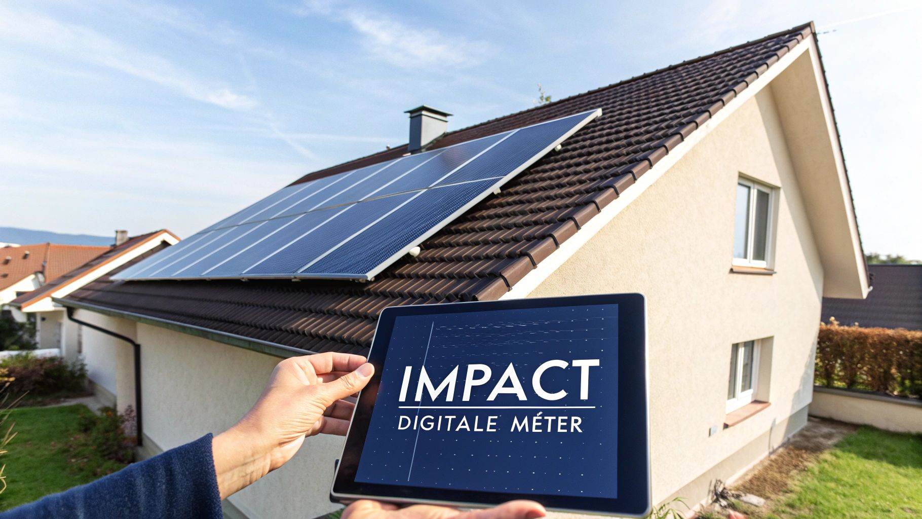Huis met zonnepanelen op het dak, en een persoon die een tablet met 'IMPACT DIGITALE METER' vasthoudt.