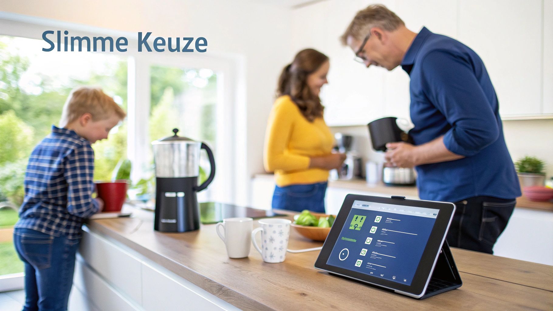 Een gezin geniet van opgeslagen zonne-energie in hun modern ingerichte woonkamer.