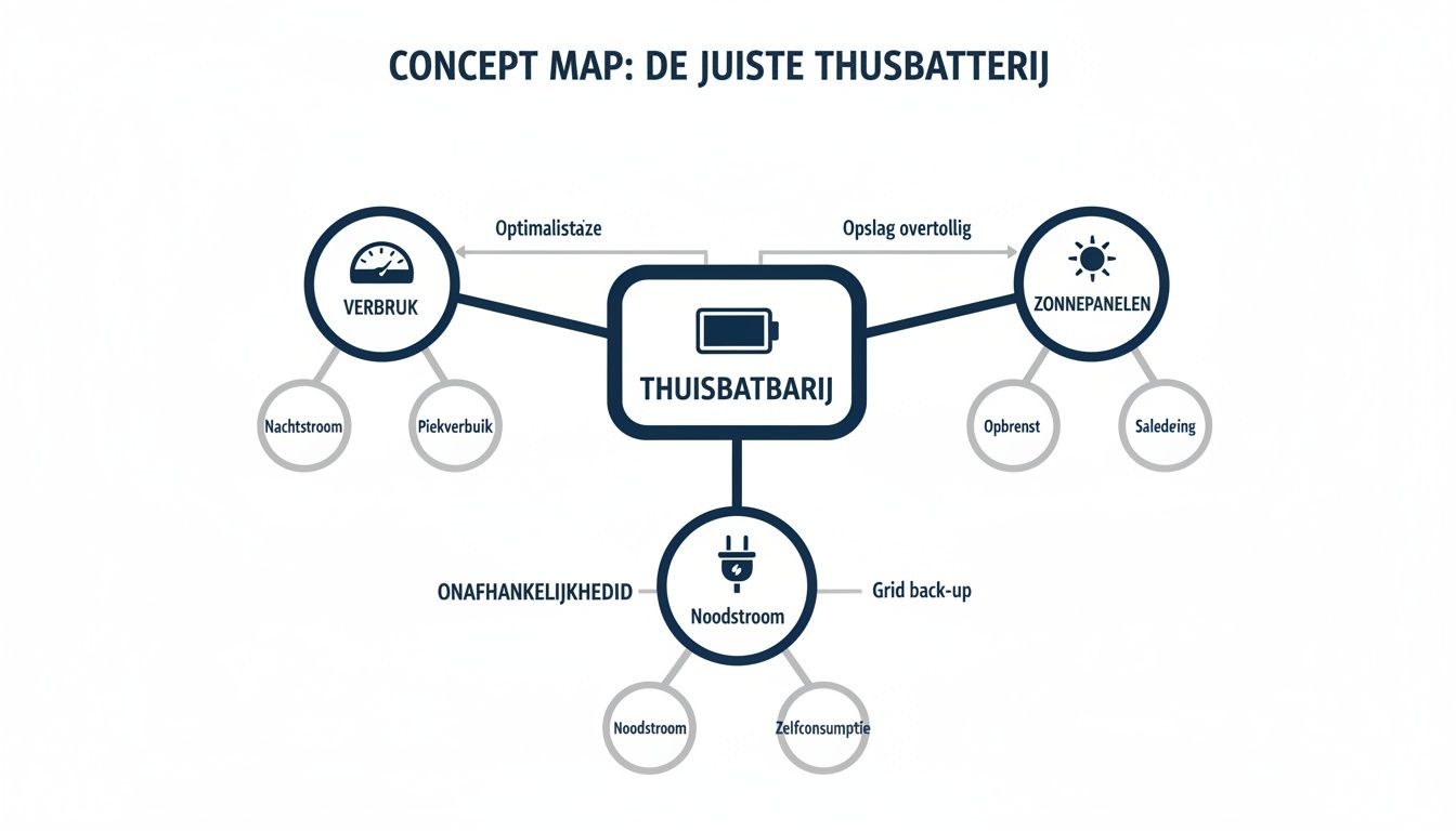 Conceptkaart over de thuisbatterij: optimalisatie van verbruik, opslag zonne-energie en onafhankelijkheid.