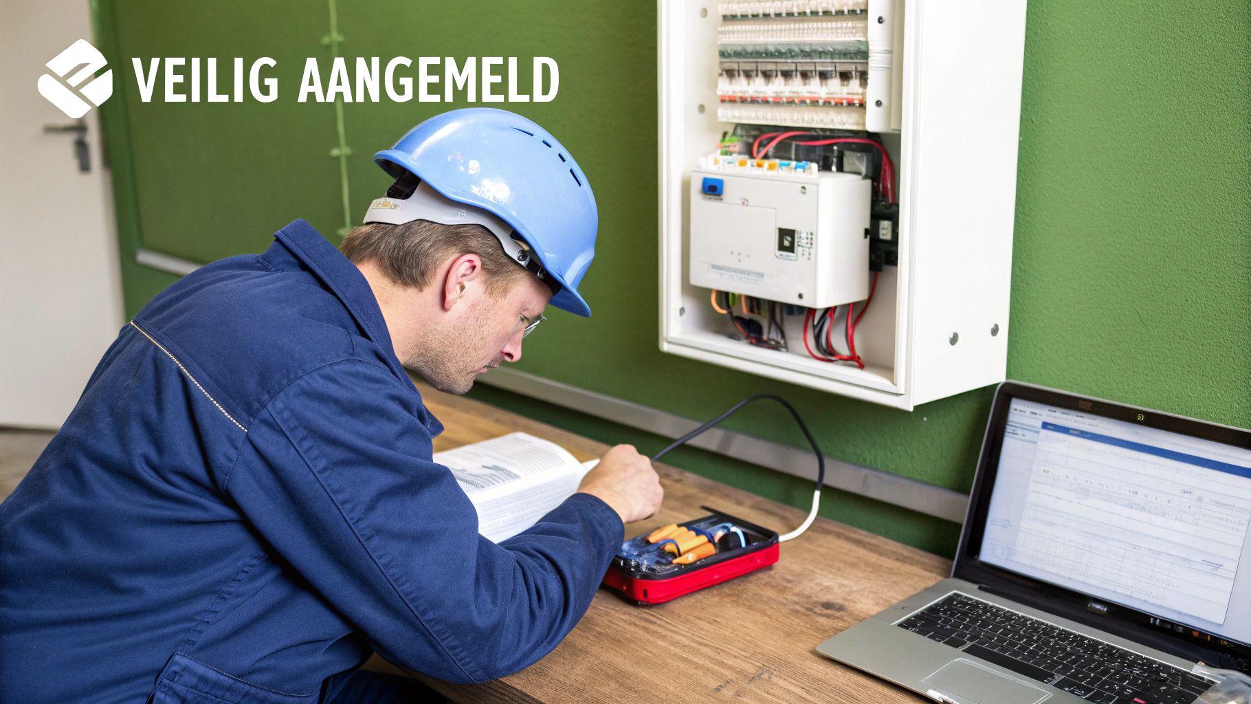 Monteur met veiligheidshelm en overall bestudeert handleiding en werkt aan elektronica bij een meterkast en laptop.