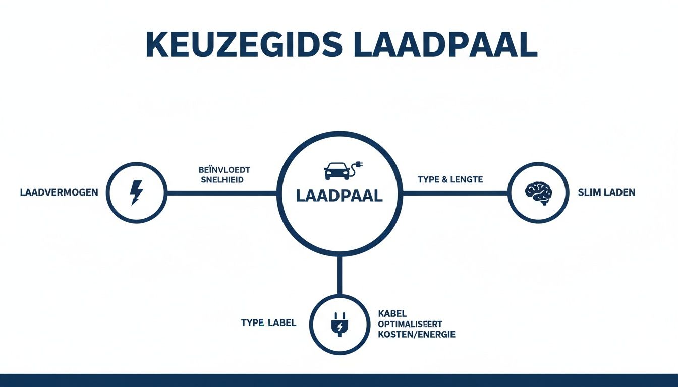 Keuzegids voor elektrische laadpaal, toont factoren als laadvermogen, kabeltype, en slim laden.