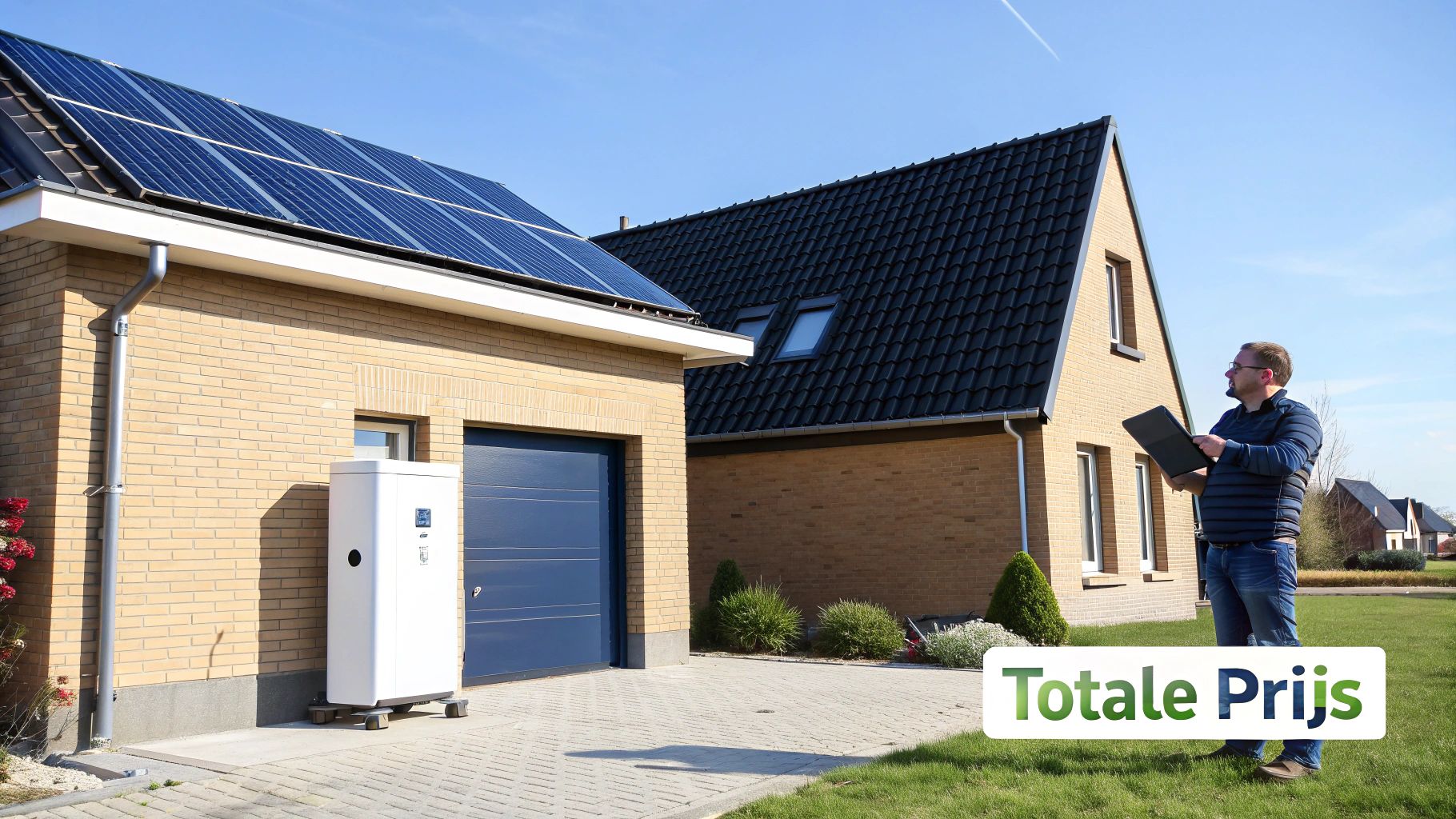 Een moderne 10 kWh thuisbatterij, elegant geĆÆnstalleerd in een garage.