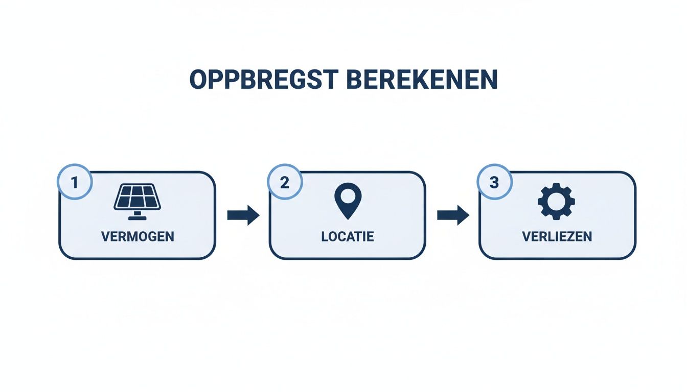 Infographic die de drie stappen toont om de opbrengst van zonnepanelen te berekenen: vermogen, locatie en verliezen.