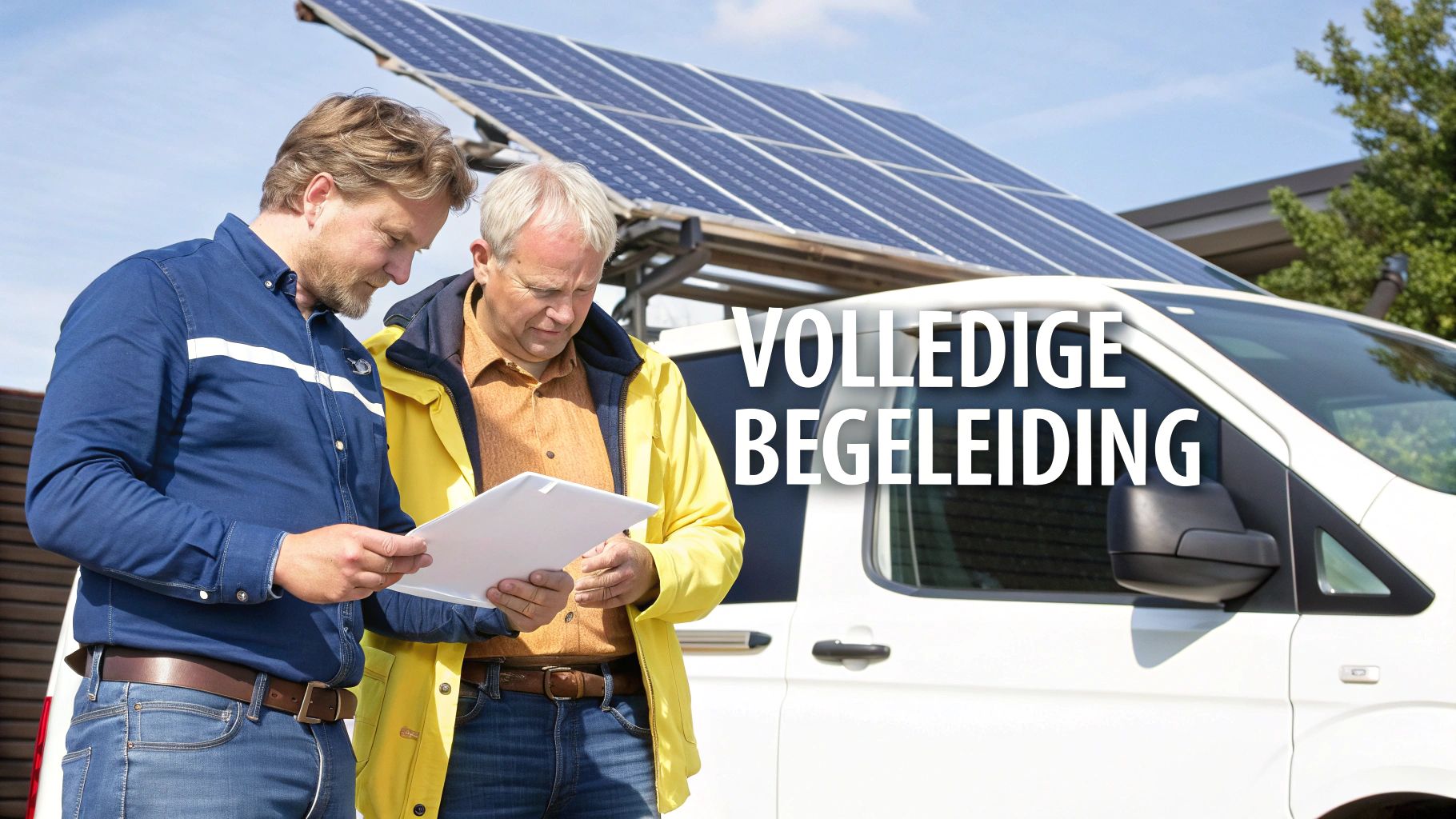 Twee mannen bekijken een document naast een busje met zonnepanelen op het dak, onder een blauwe lucht.