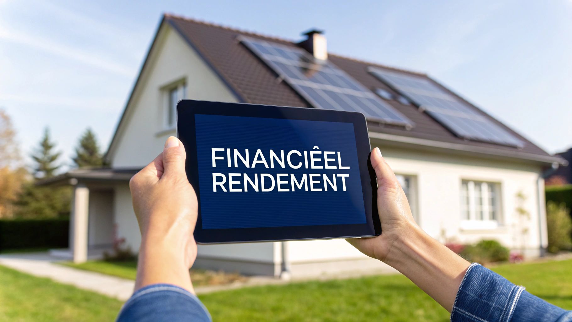 Persoon houdt tablet met 'FINANCIĆEL RENDEMENT' voor huis met zonnepanelen op het dak.