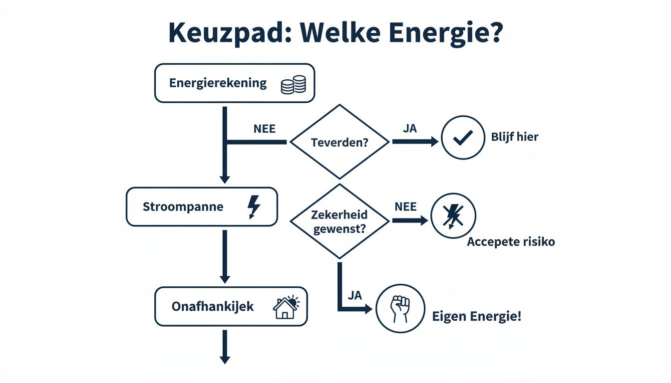 Stroomschema voor energiekeuzes, beginnend bij energierekening, naar stroompanne en onafhankelijkheid, eindigend met eigen energie.