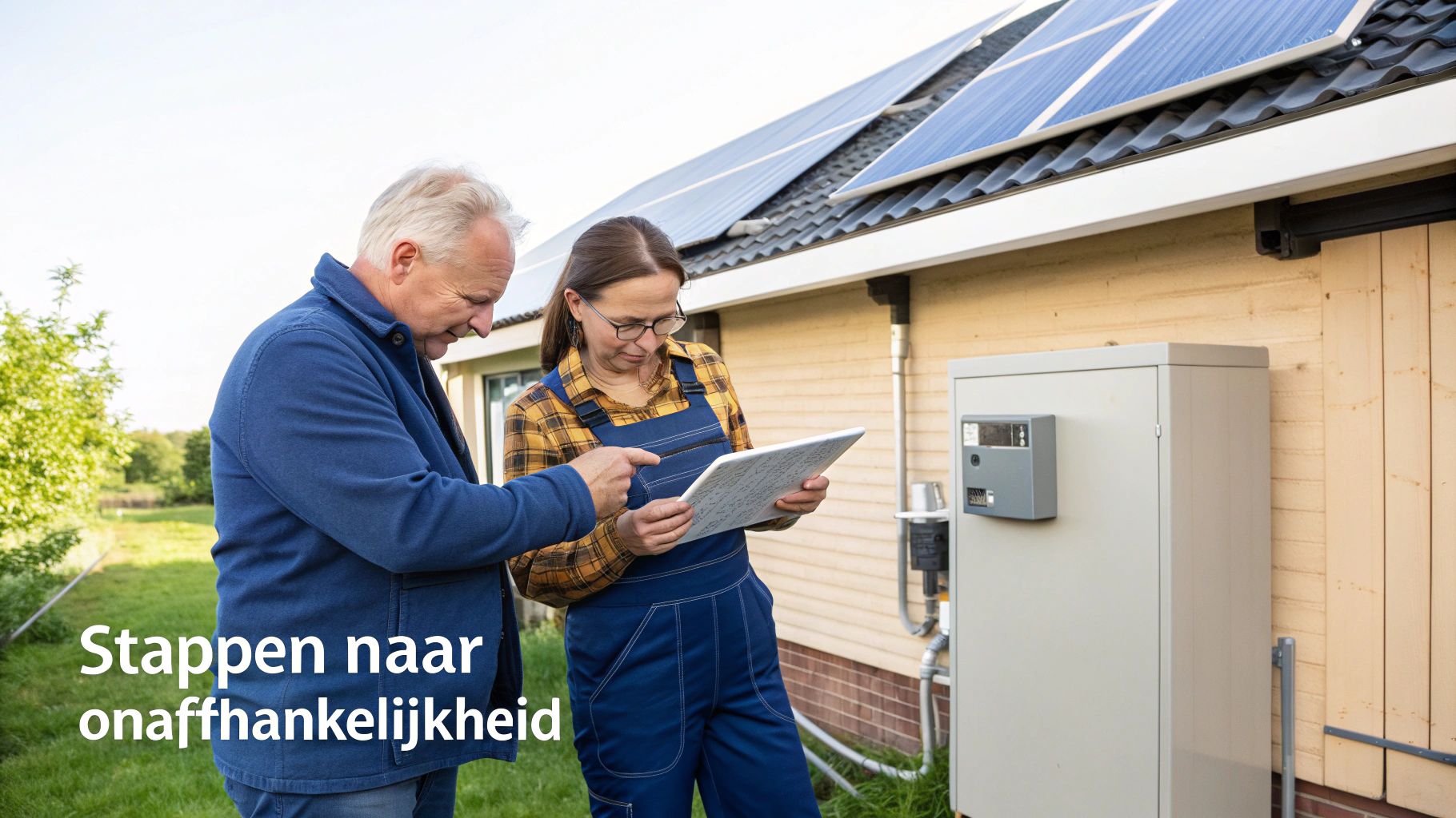 Twee mensen bespreken energieoplossingen bij een huis met zonnepanelen en een buitenunit, gericht op onafhankelijkheid.