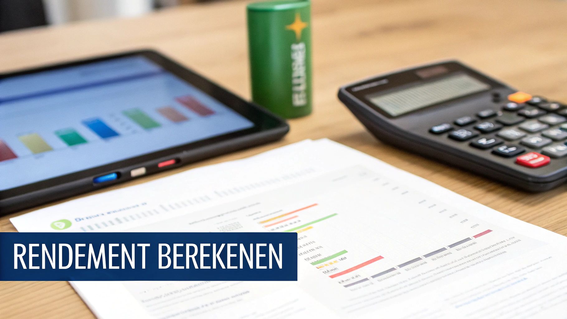 Een tablet, rekenmachine en papieren naast een groene batterij, met de tekst 'Rendement Berekenen'.