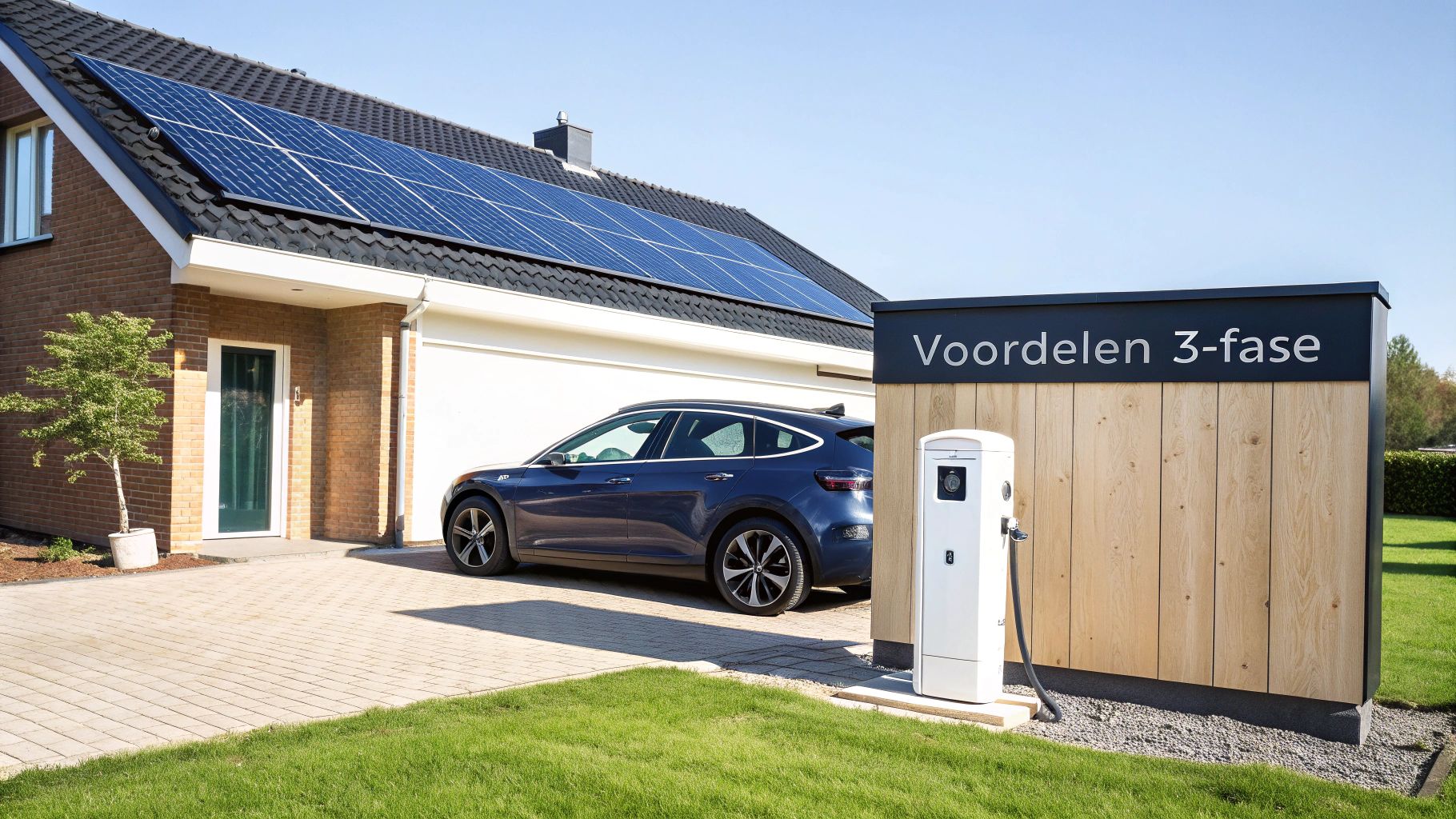 Woning met zonnepanelen op het dak, een elektrische auto en een 3-fase laadpaal op de oprit.