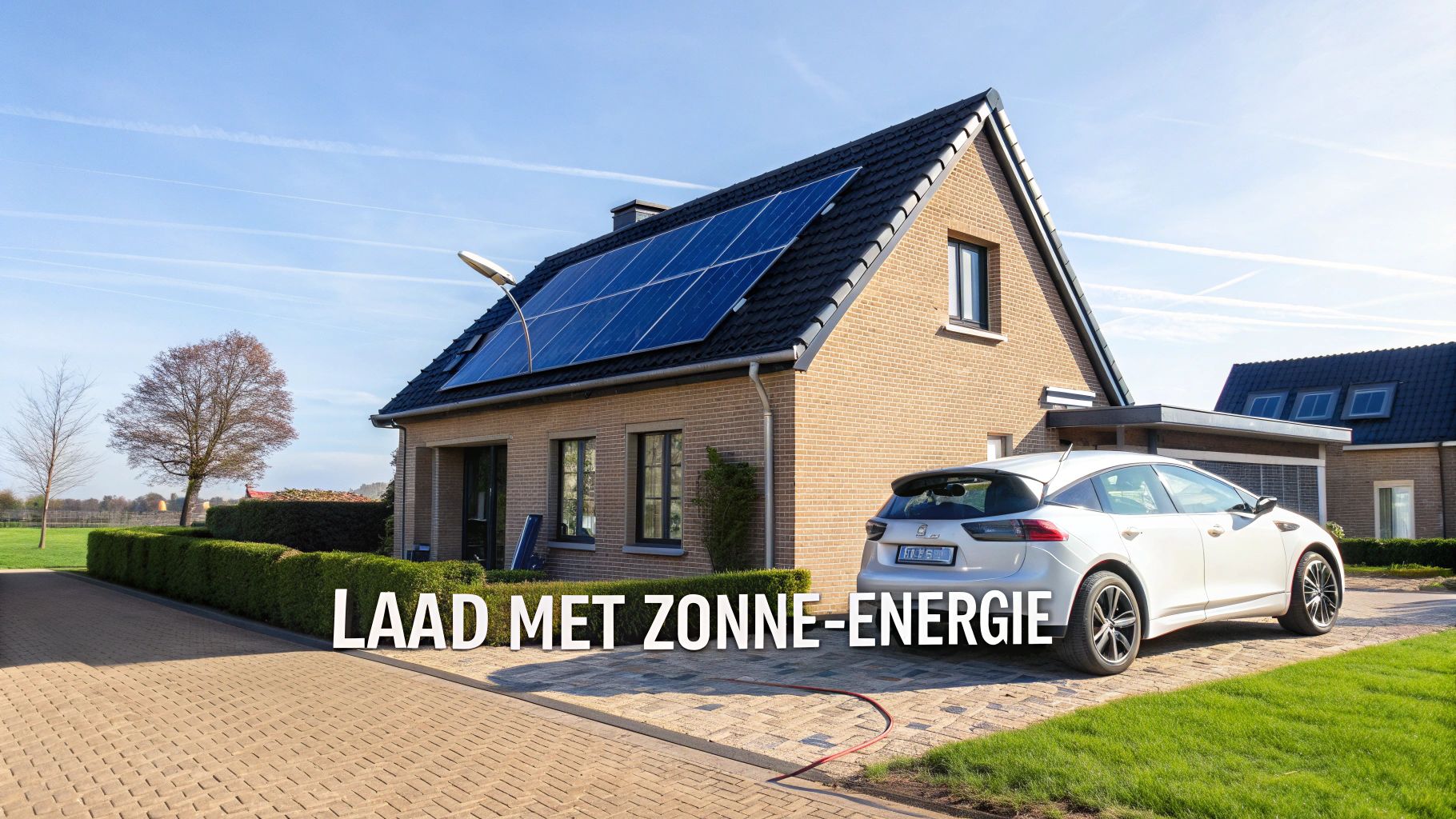 Een huis met zonnepanelen op het dak en een witte elektrische auto die wordt opgeladen.