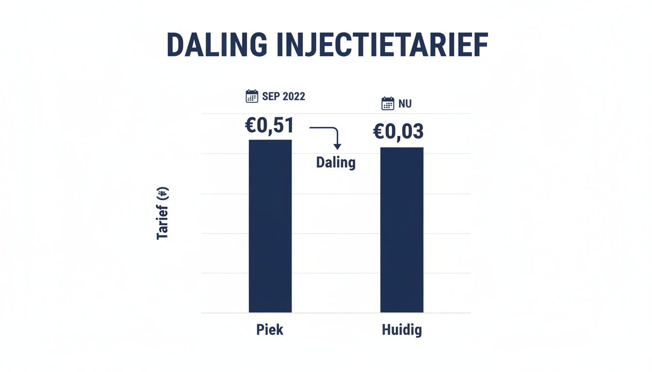 Staafdiagram toont daling van het injectietarief: van €0,51 in september 2022 naar €0,03 nu.