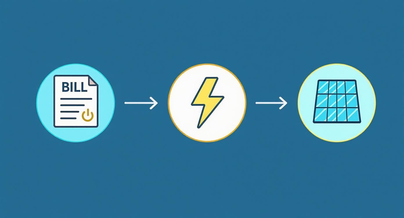 Infographic die het proces van stroomverbruik berekenen toont: van energierekening naar benodigd vermogen en uiteindelijk het aantal panelen.
