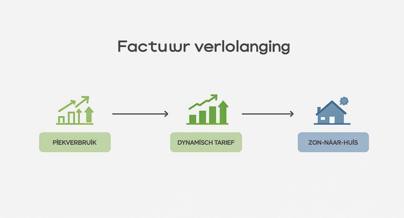 Diagram toont factuurverlenging proces van piekverbruik via dynamisch tarief naar zon-naar-huis systeem