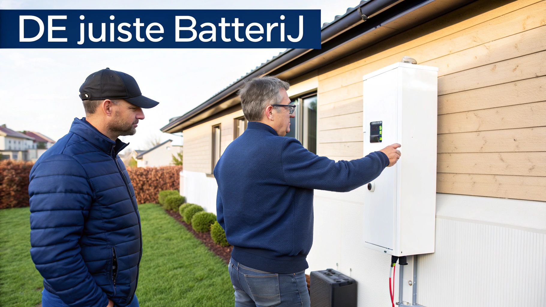 Twee mannen installeren een witte thuisbatterij op de buitenmuur van een houten huis