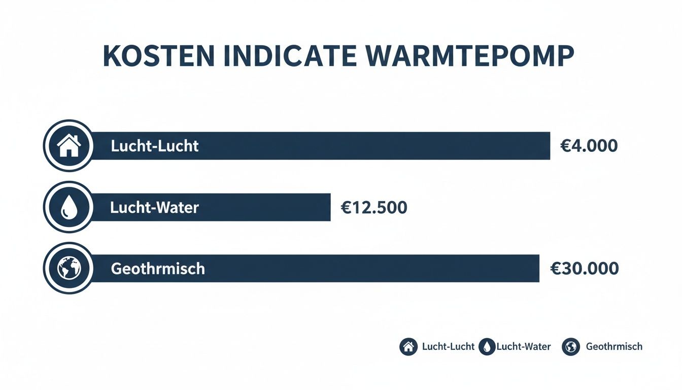 Een overzichtelijke staafdiagram toont de indicatieve kosten van lucht-lucht, lucht-water en geothermische warmtepompen.