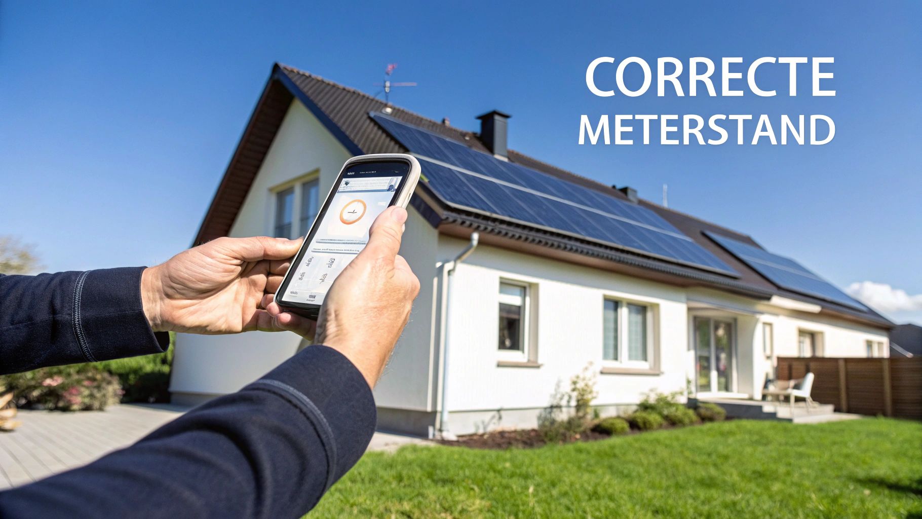 Persoon houdt smartphone vast met energie-app voor een huis met zonnepanelen en blauwe lucht.