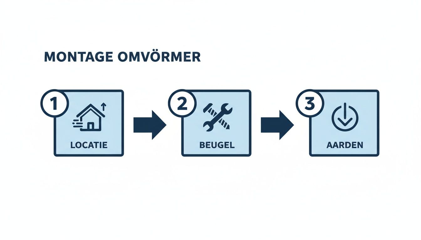Stappenplan voor de montage van een omvormer, inclusief locatie, beugel en aarden.
