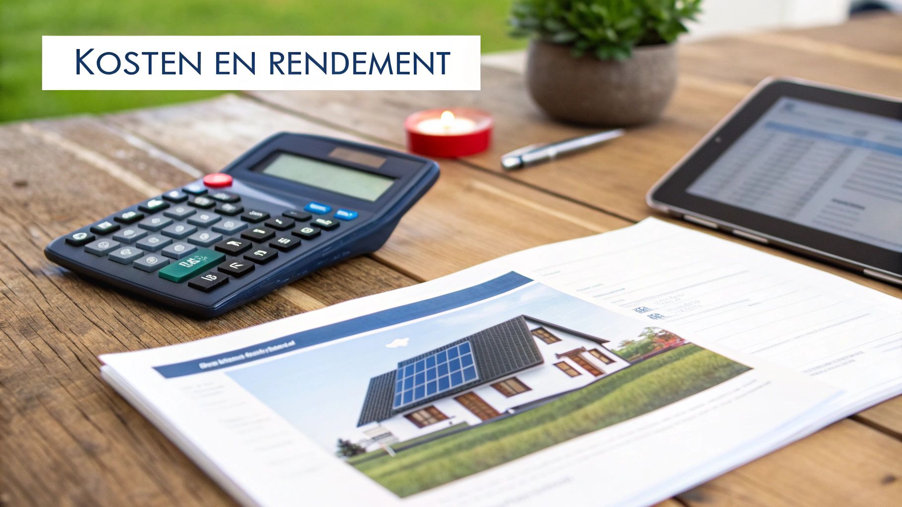 Een tafel met een calculator, documenten over een huis met zonnepanelen en een tablet, met de tekst 'KOSTEN EN RENDEMENT'.