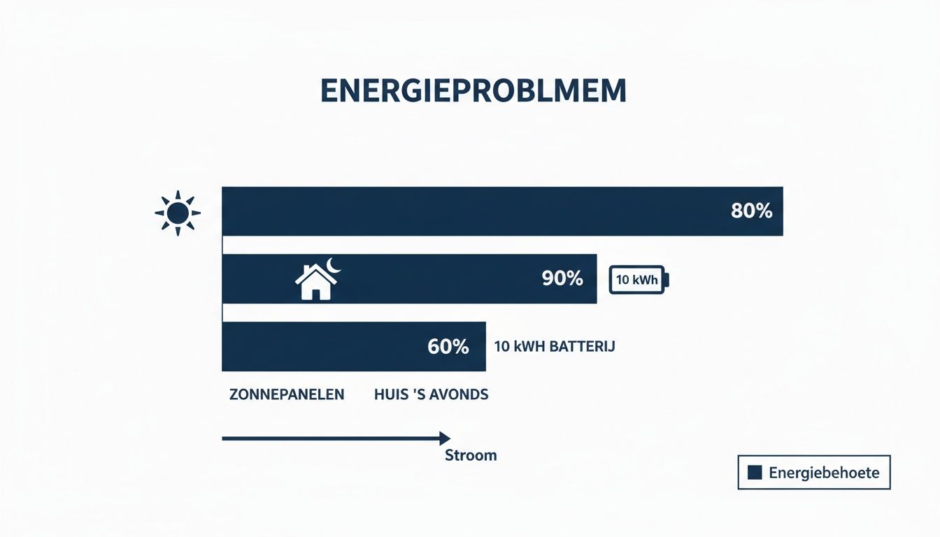 Diagram over het energieprobleem met percentages voor zonnepanelen, avondverbruik en de capaciteit van een 10 kWh batterij.