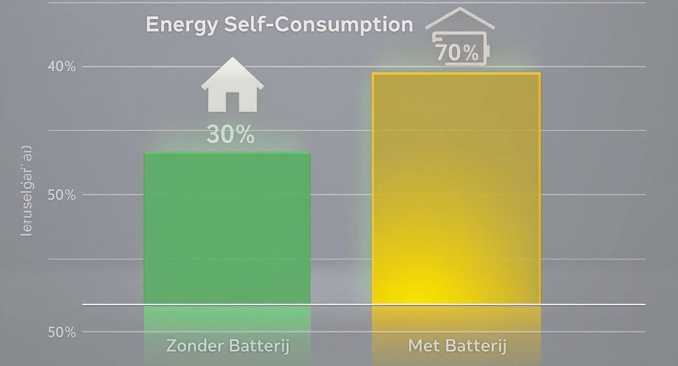Infographic die het verschil in zelfverbruik van zonnestroom toont, met 30% zonder batterij en 70% met een 10 kWh batterij.