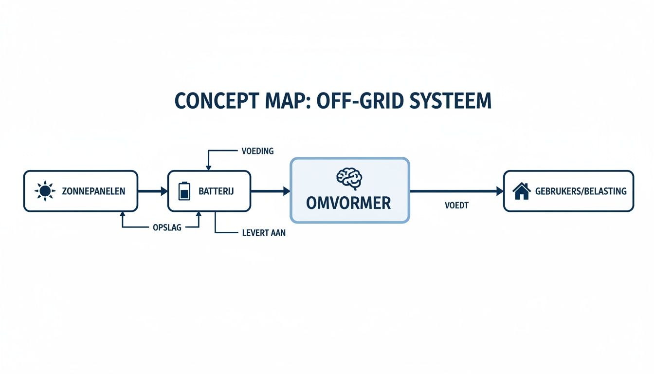 Conceptkaart van een off-grid systeem met zonnepanelen, batterij, omvormer en de energiestroom naar gebruikers.