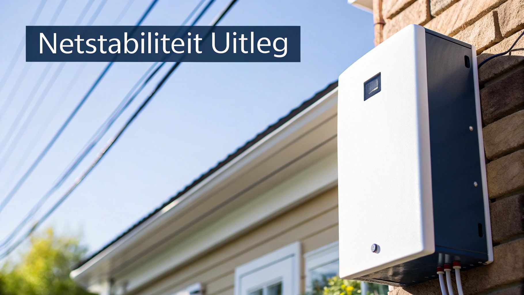 Een elektriciteitsmast tegen een heldere hemel, wat de verbinding tussen lokale zonne-energie en het grotere energienet symboliseert.