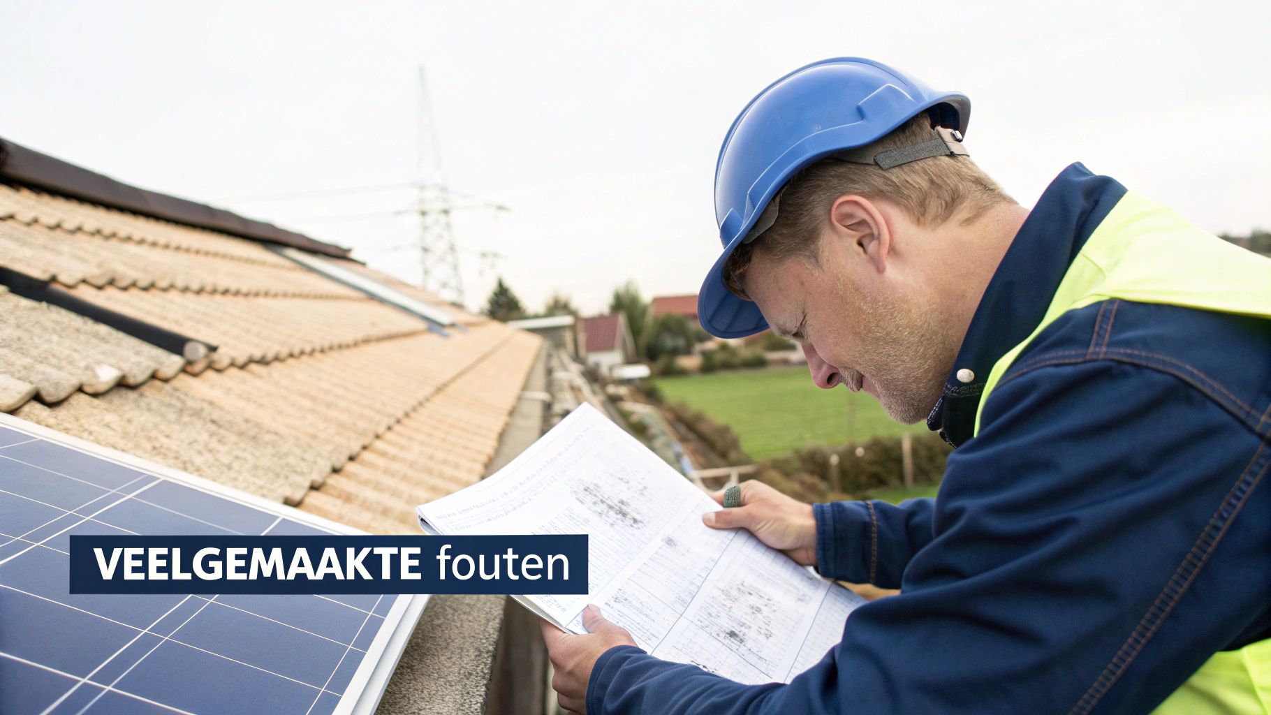 Een installateur met blauwe helm en geel vest bekijkt bouwtekeningen op een dak met zonnepanelen.