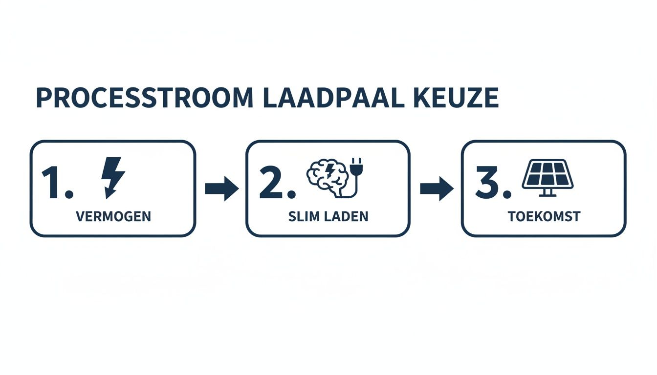 Stappenplan voor het kiezen van een laadpaal, met aandacht voor vermogen, slim laden en toekomst.