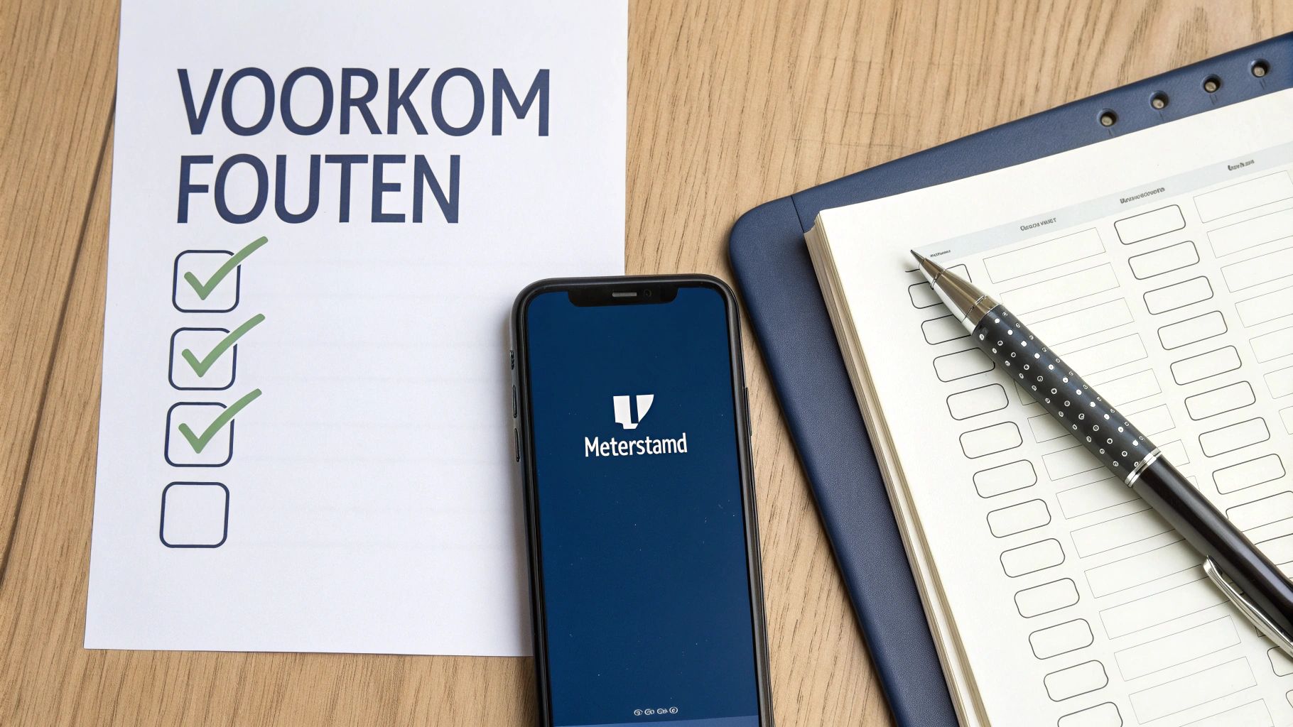 Een checklist met 'Voorkom Fouten', een smartphone met de Meterstand app, een notitieboek en pen op een houten tafel.