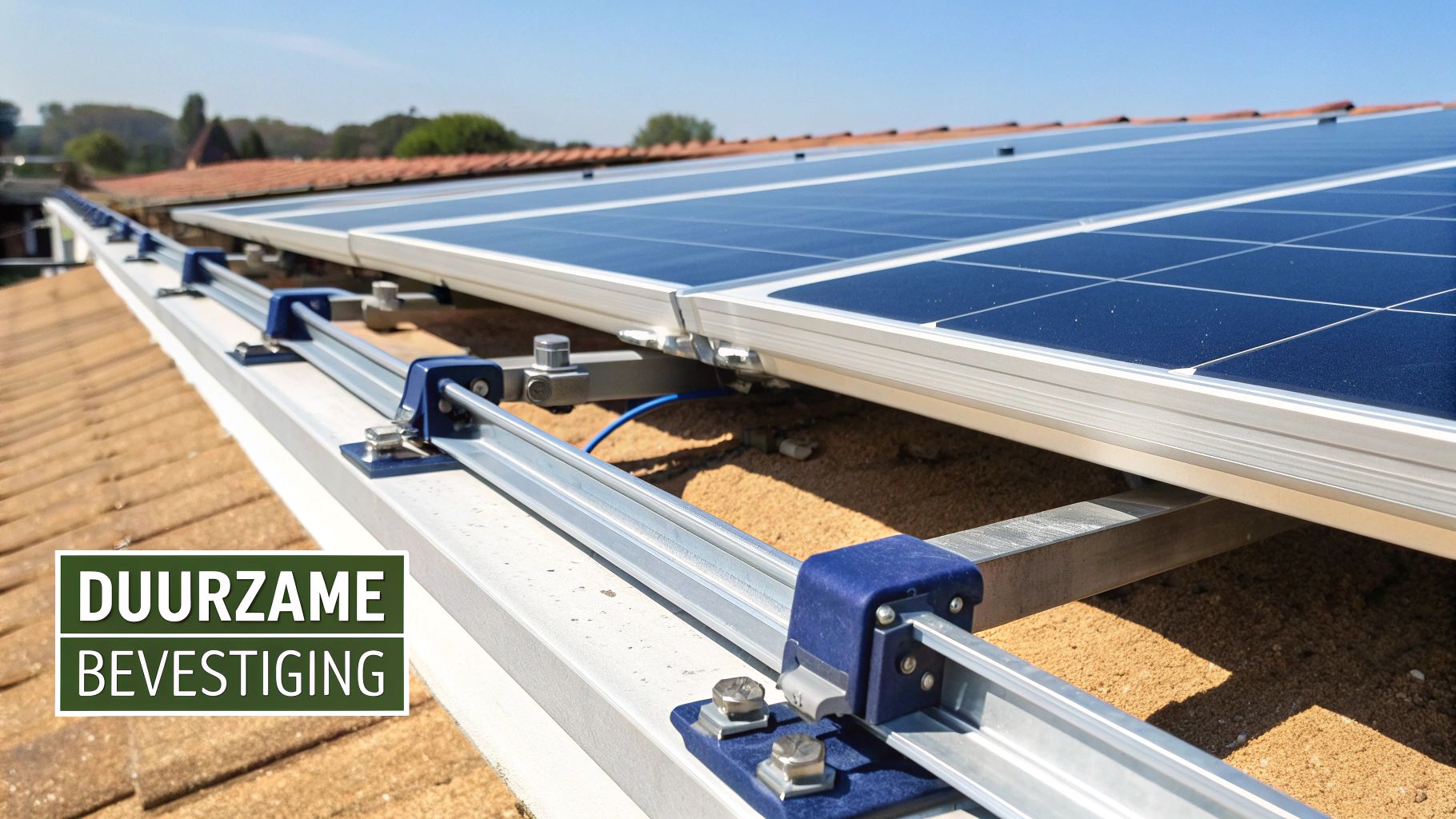 Zonnepanelen op een plat dak met een gedetailleerd close-up van het duurzame bevestigingssysteem.
